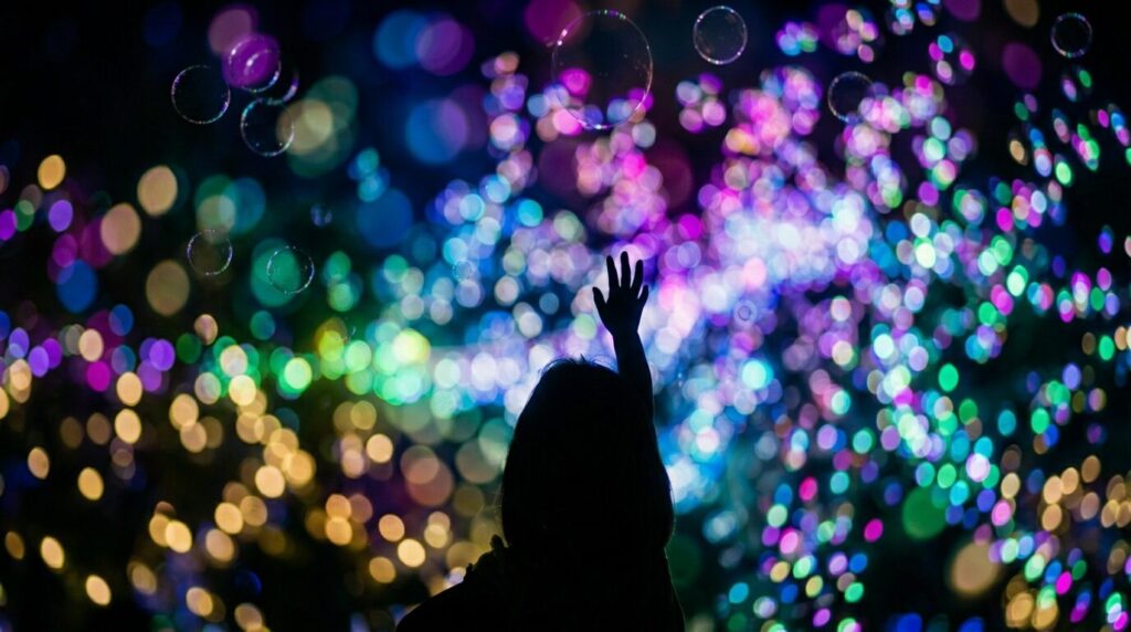 夜空に広がるシャボン玉ショー - シルエットと光のナイトバブル演出
